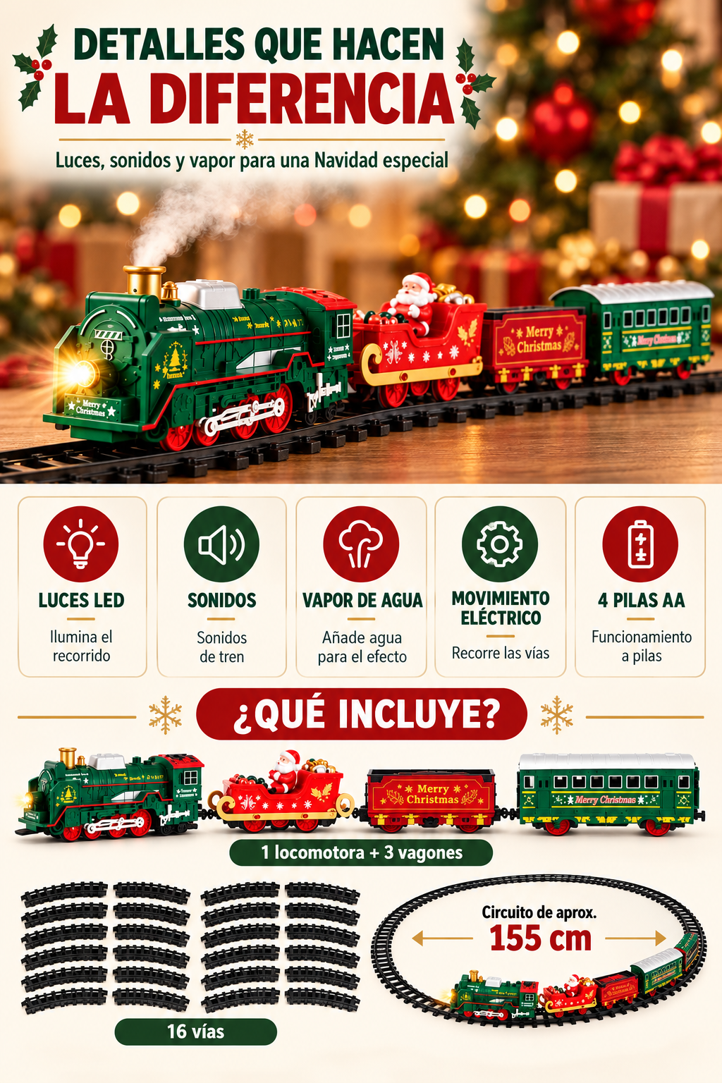 El Tren de las Risas · Tren Navideño con Vapor, Luces y Sonido