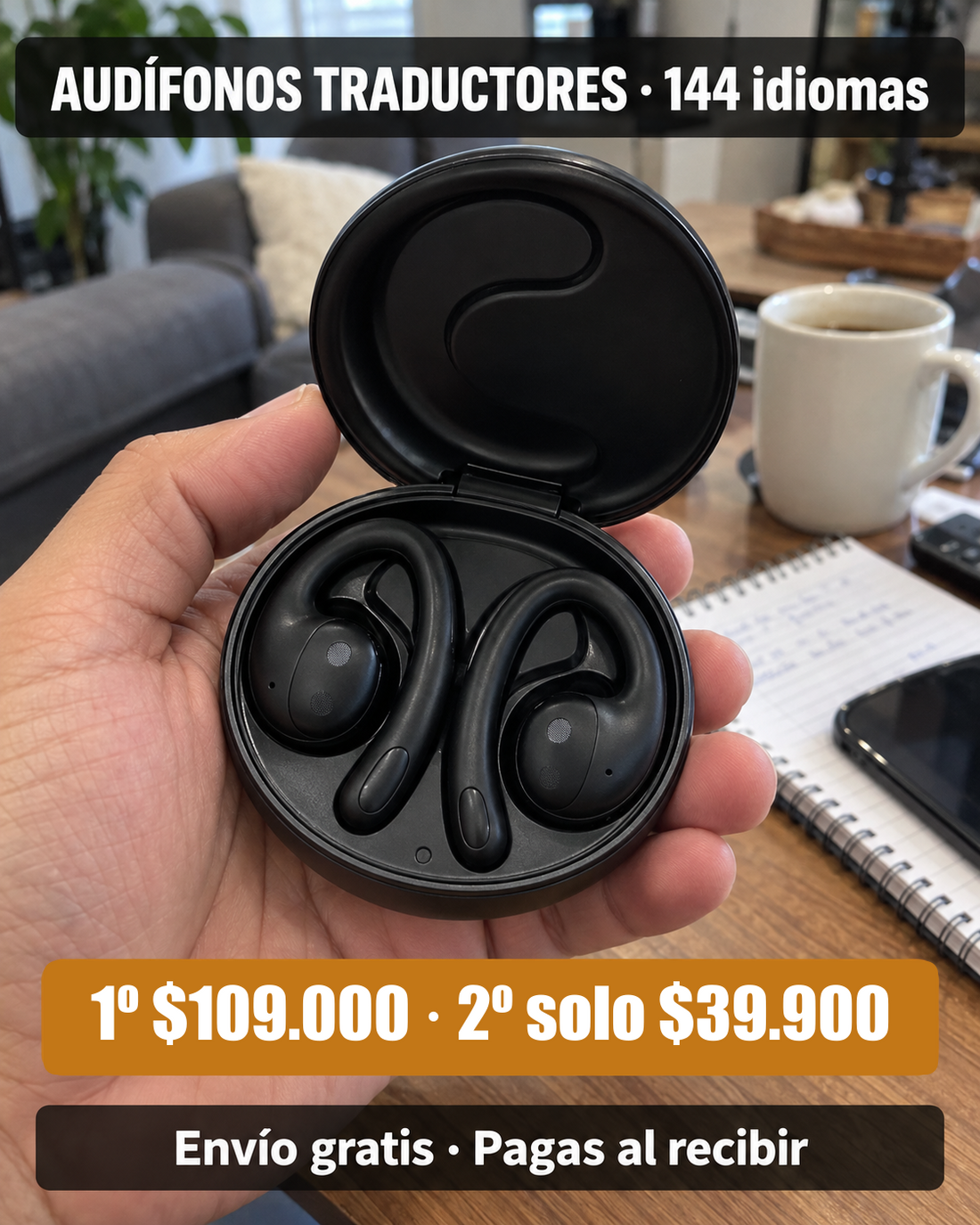 Oferta: audífonos traductores a $109.000 y el segundo a $39.900, envío gratis y pago al recibir