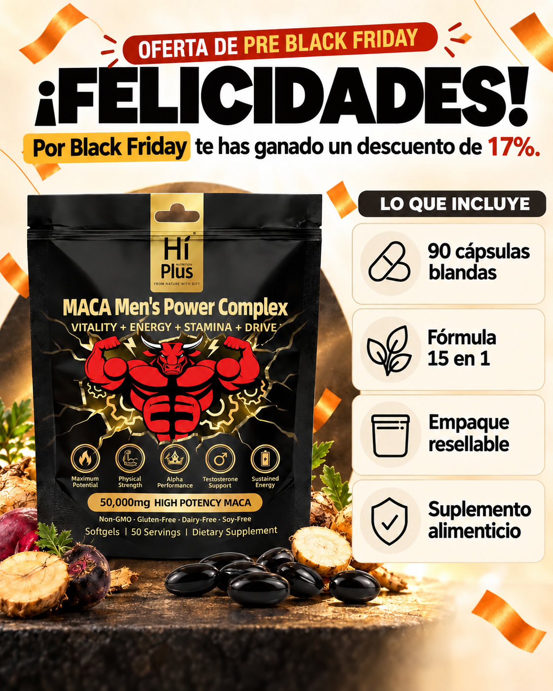 Hi Plus Maca Prime Active 15 en 1 | 50 softgels