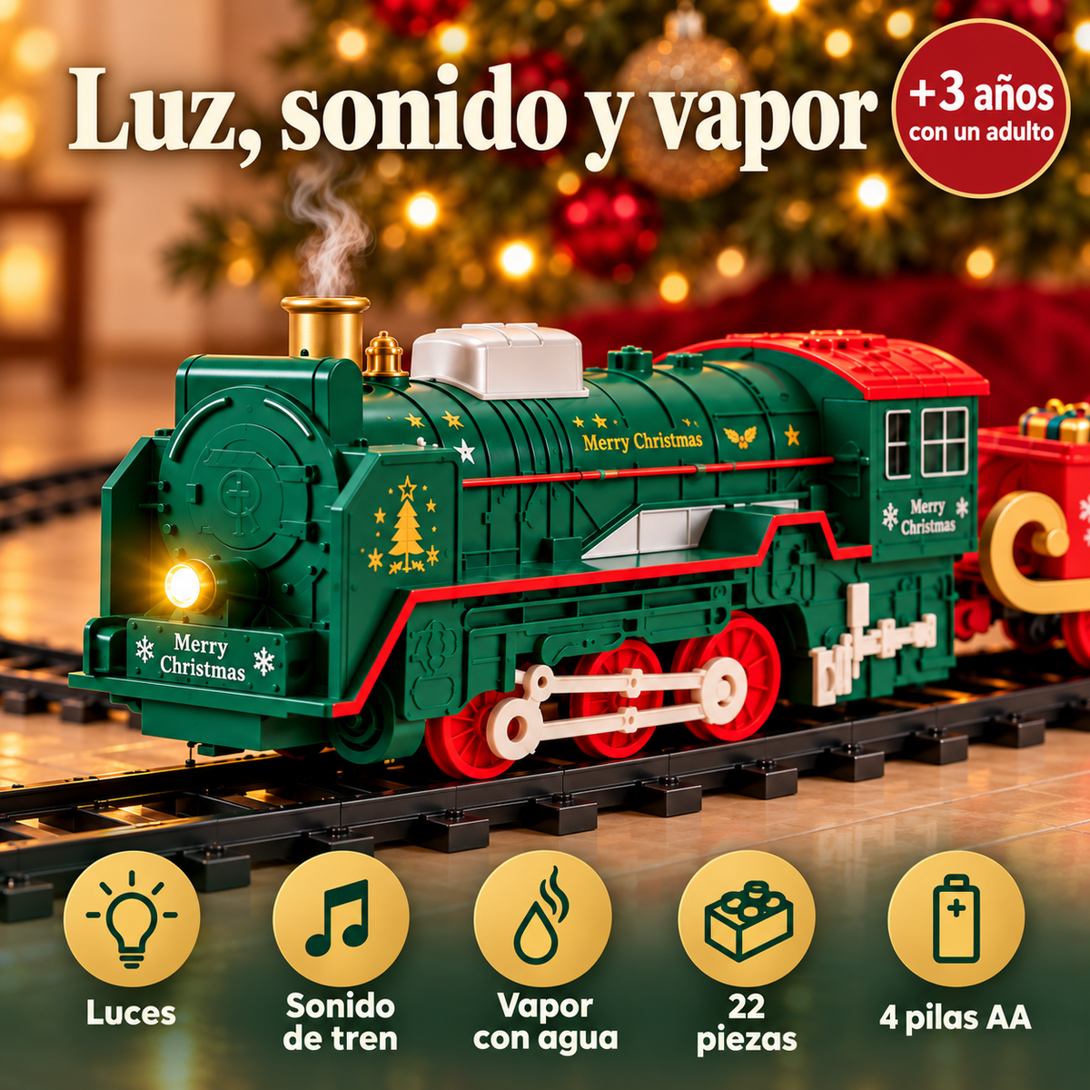 El Tren de las Risas · Tren Navideño con Vapor, Luces y Sonido