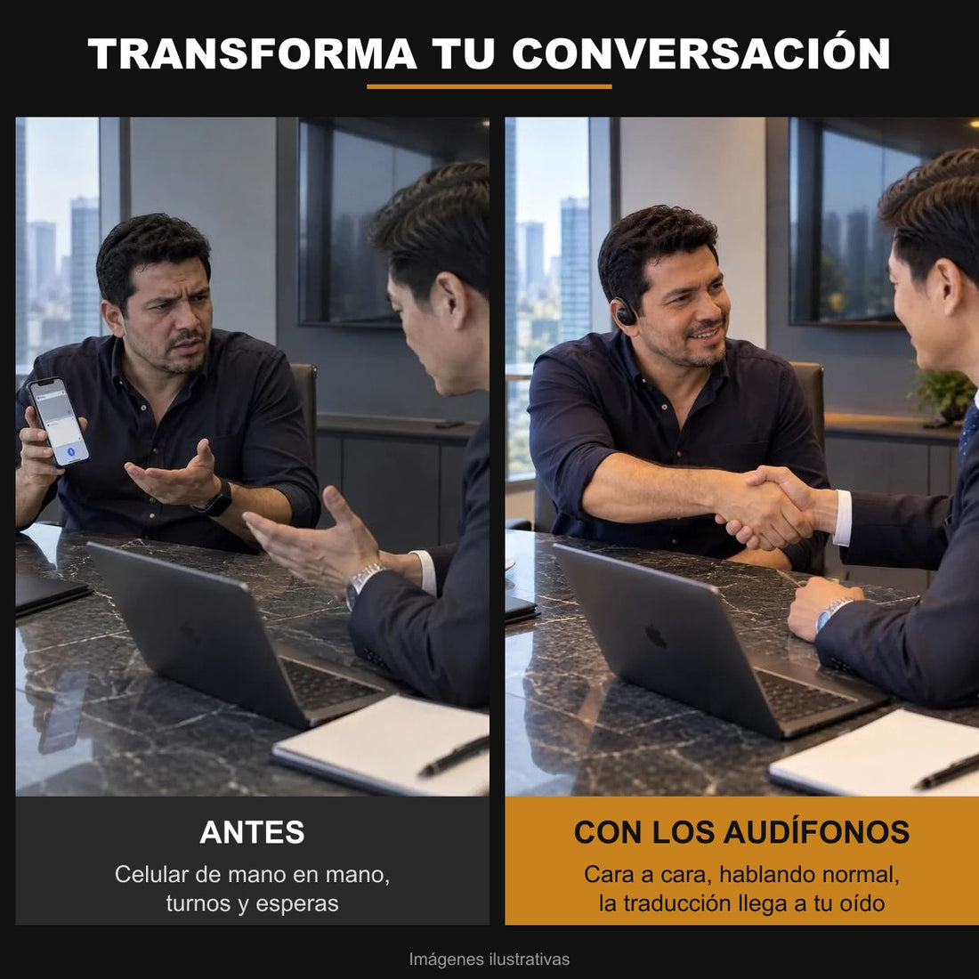 Antes y después: conversar pasándose el celular frente a conversar cara a cara con los audífonos traductores
