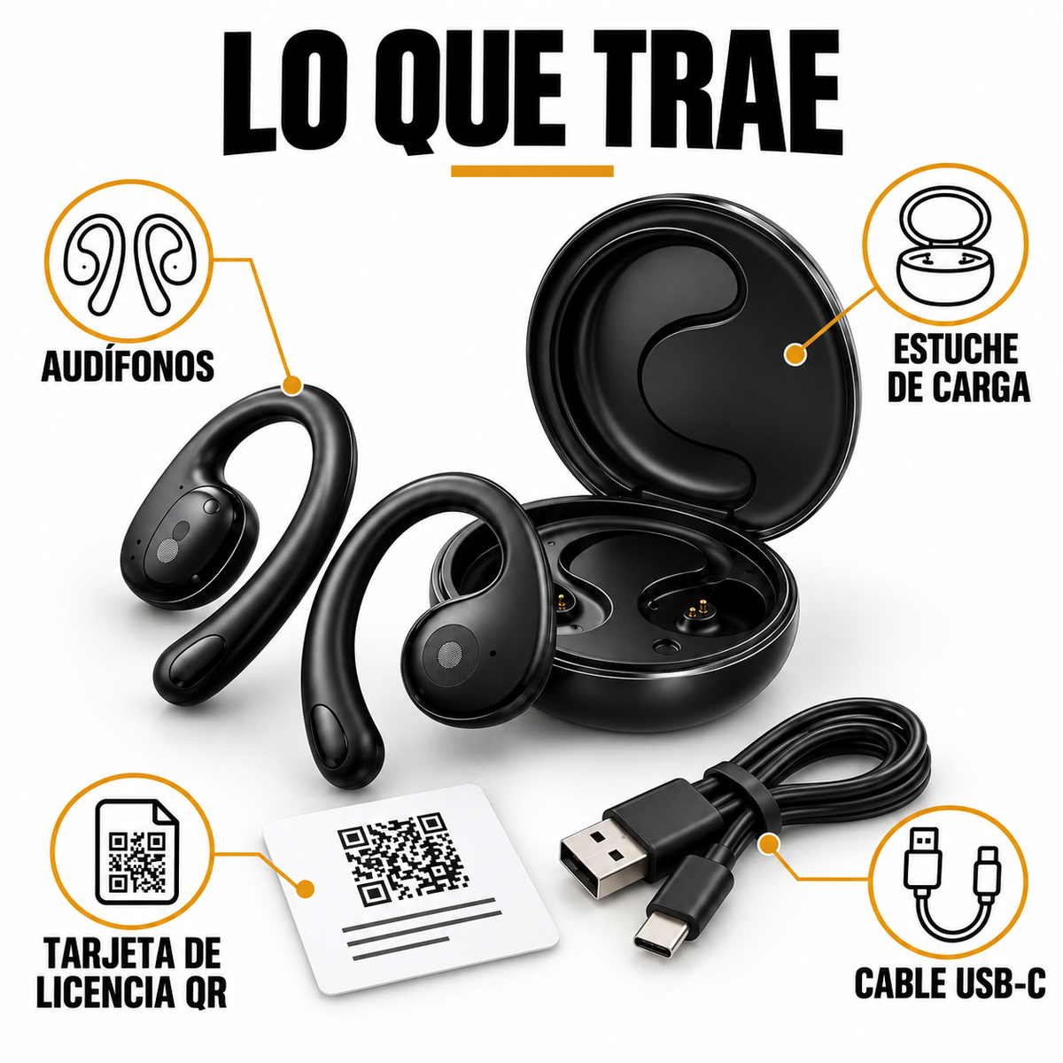 Lo que trae la caja: audífonos tipo gancho, estuche de carga, cable USB, manual y tarjeta con licencia QR
