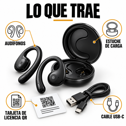 Lo que trae la caja: audífonos tipo gancho, estuche de carga, cable USB, manual y tarjeta con licencia QR